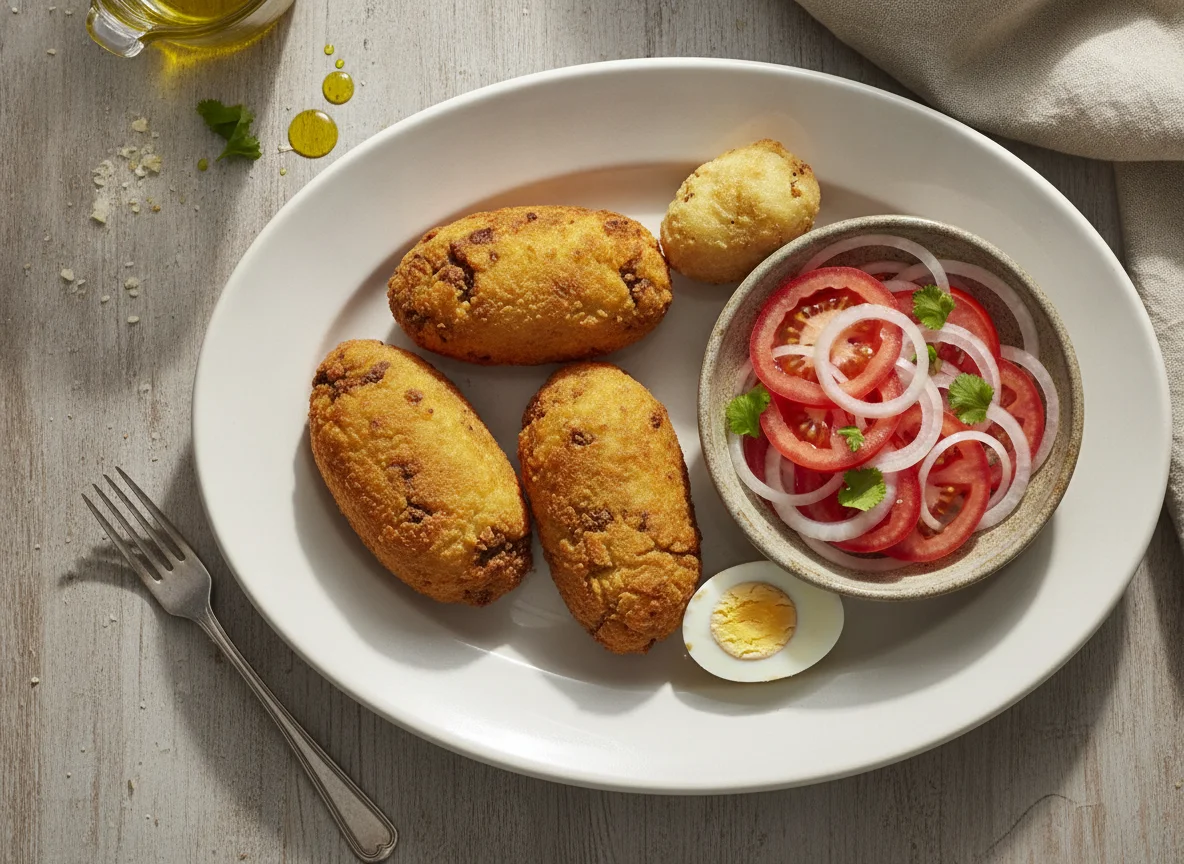 Rellenos de papa con ensalada de tomate y cebolla photo