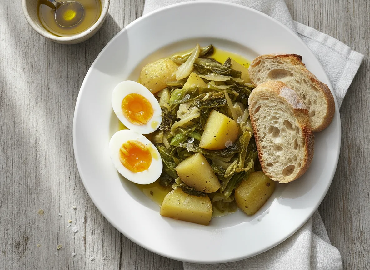 Repollo con patatas, huevo cocido y pan photo