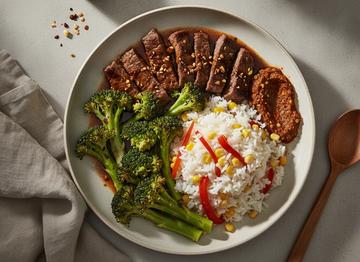Res con brócoli y arroz blanco photo