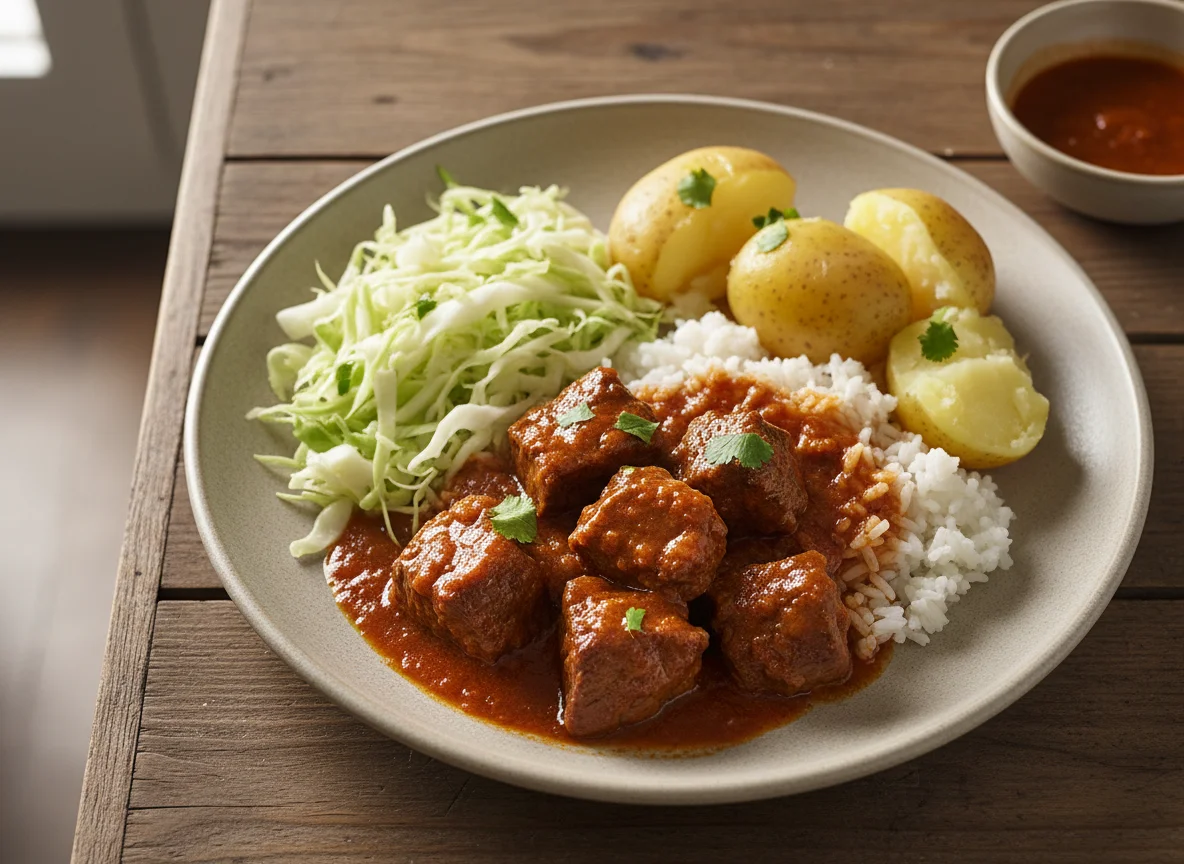 Restos de comida con carne, papas y ensalada photo