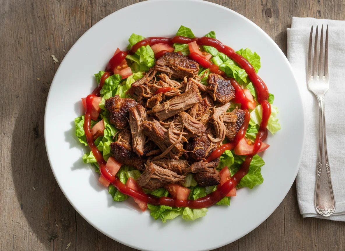 Restos de comida con ensalada y carne photo