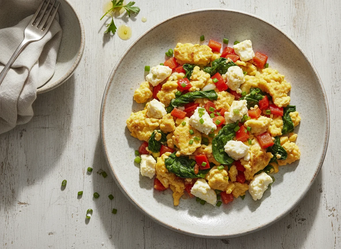 Revoltillo de huevos con vegetales y queso photo