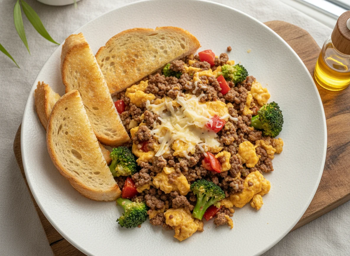 Revuelto de carne, huevo y vegetales photo