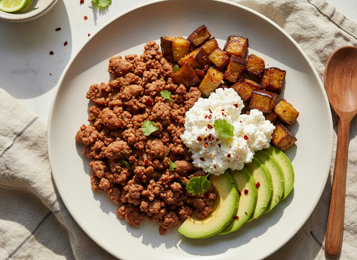 Revuelto de carne picada con aguacate, berenjena y queso cottage photo
