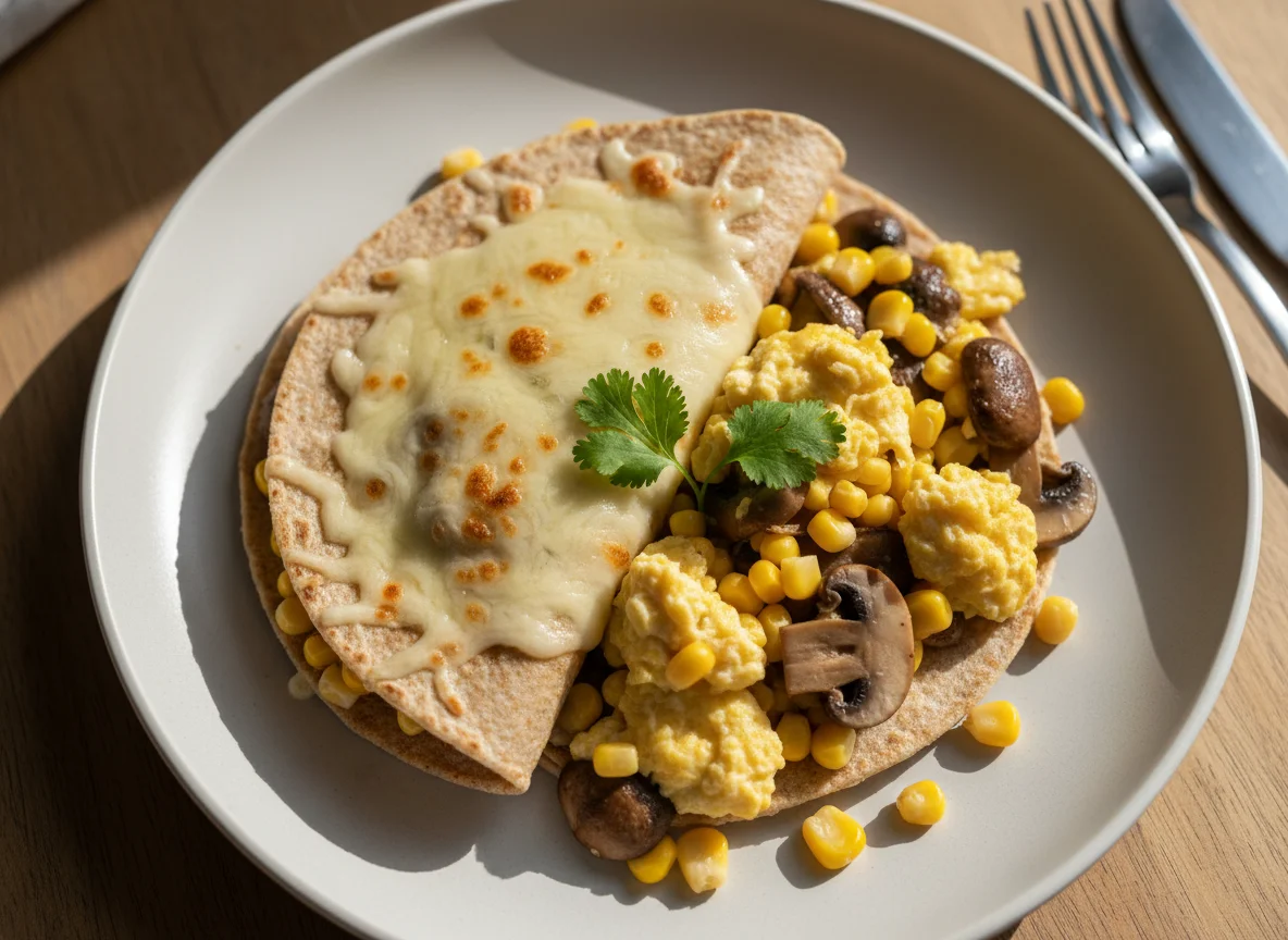 Revuelto de champiñones y maíz con tortilla y queso photo