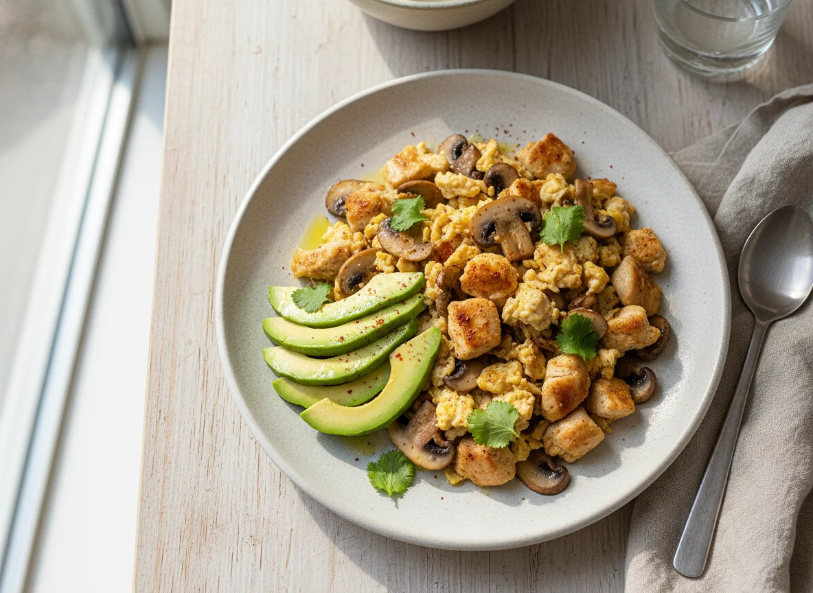 Revuelto de champiñones y pollo con aguacate photo