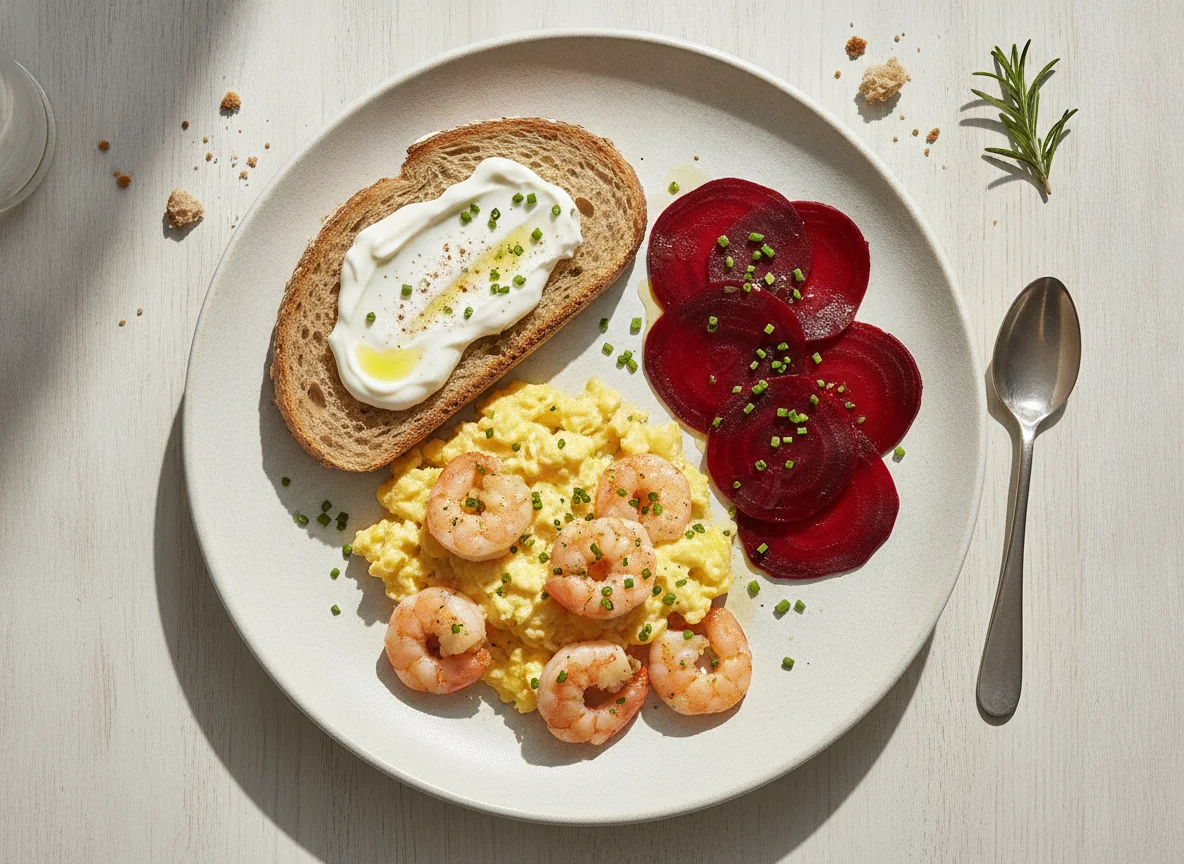 Revuelto de gambas con pan, remolacha y yogur photo
