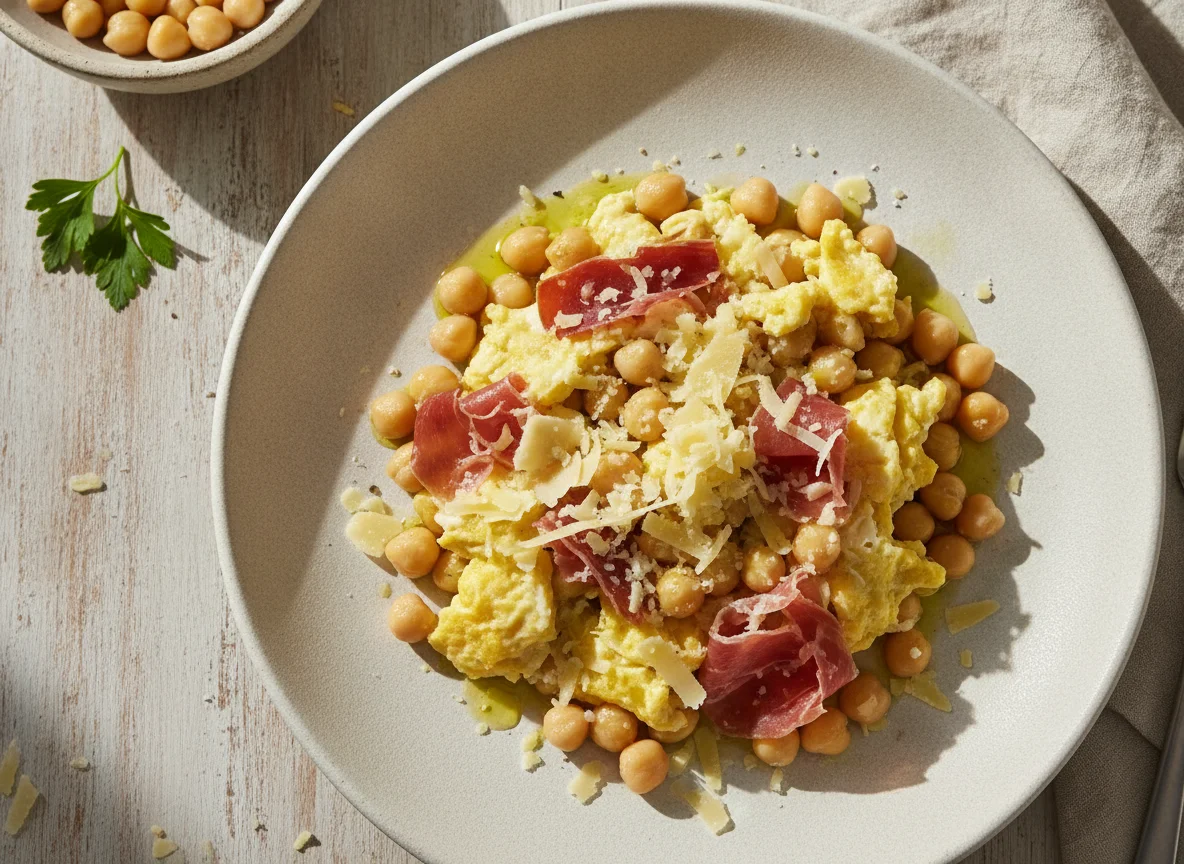 Revuelto de garbanzos con jamón y queso photo