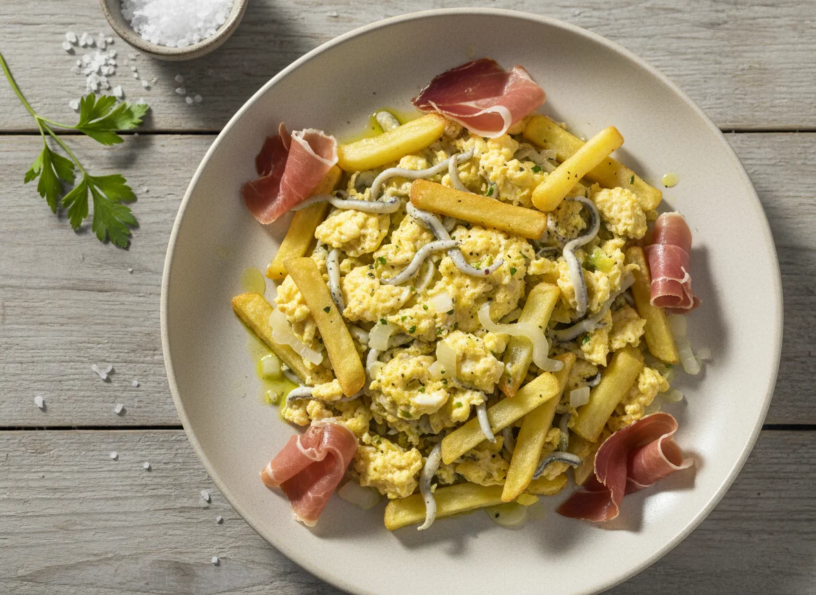 Revuelto de gulas con patatas y jamón photo