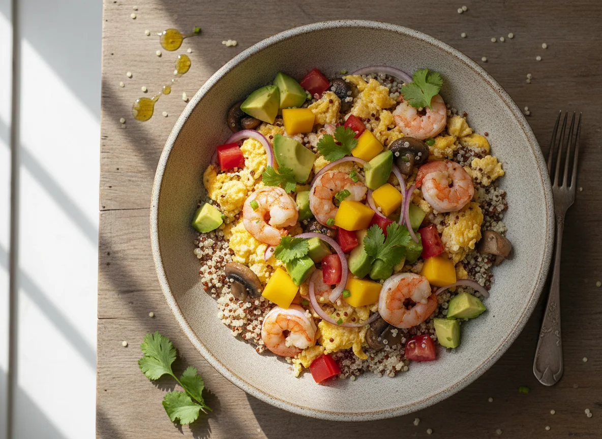 Revuelto de huevo con camarones y quinoa photo