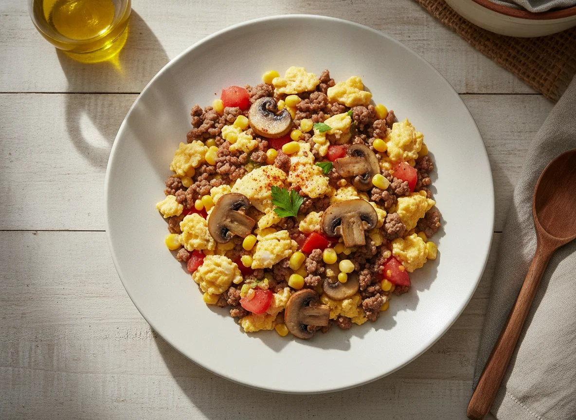 Revuelto de huevo con champiñones, carne y choclo photo