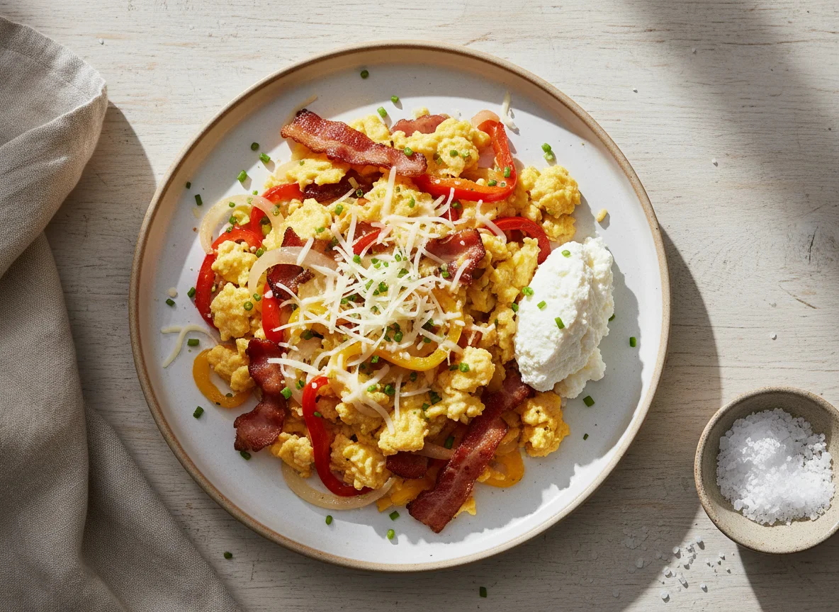 Revuelto de huevo con verduras y tocino con queso cottage photo