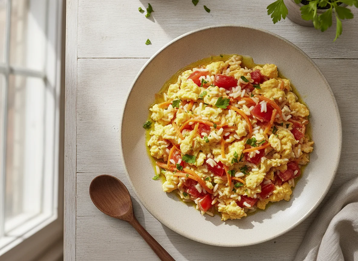 Revuelto de huevo con zanahoria, tomate y arroz photo