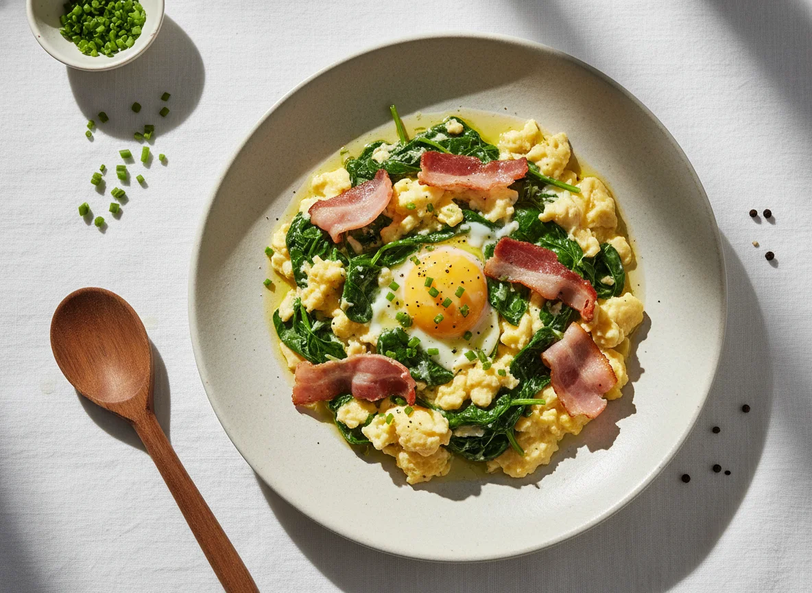 Revuelto de huevos con espinacas y jamón photo