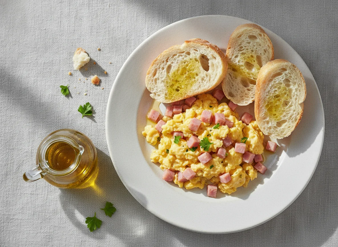Revuelto de huevos con jamón cocido y pan photo