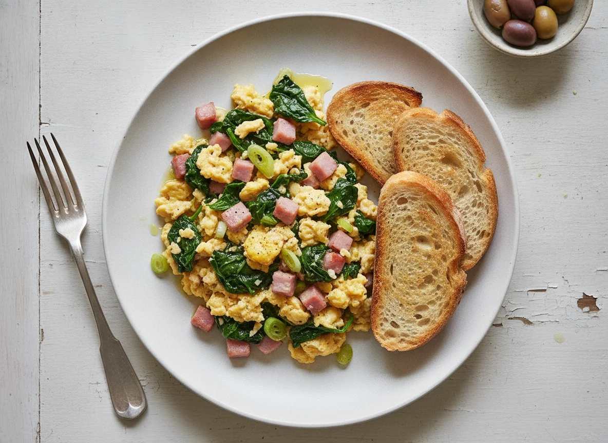 Revuelto de huevos con jamón y verduras photo