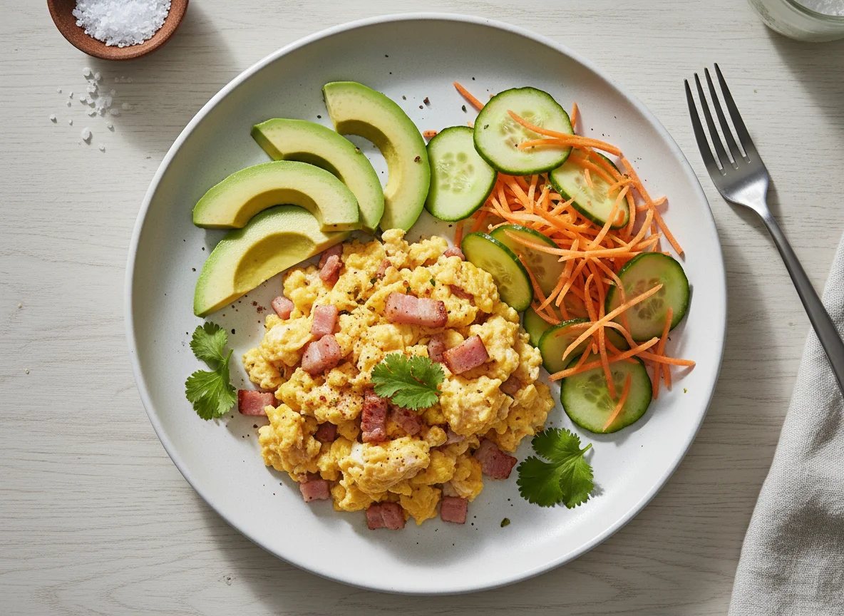 Revuelto de huevos con palta y ensalada photo