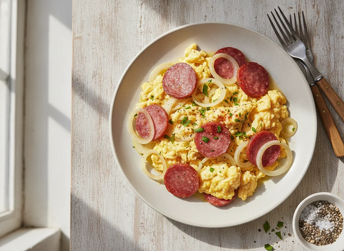 Revuelto de huevos con salame y cebolla photo