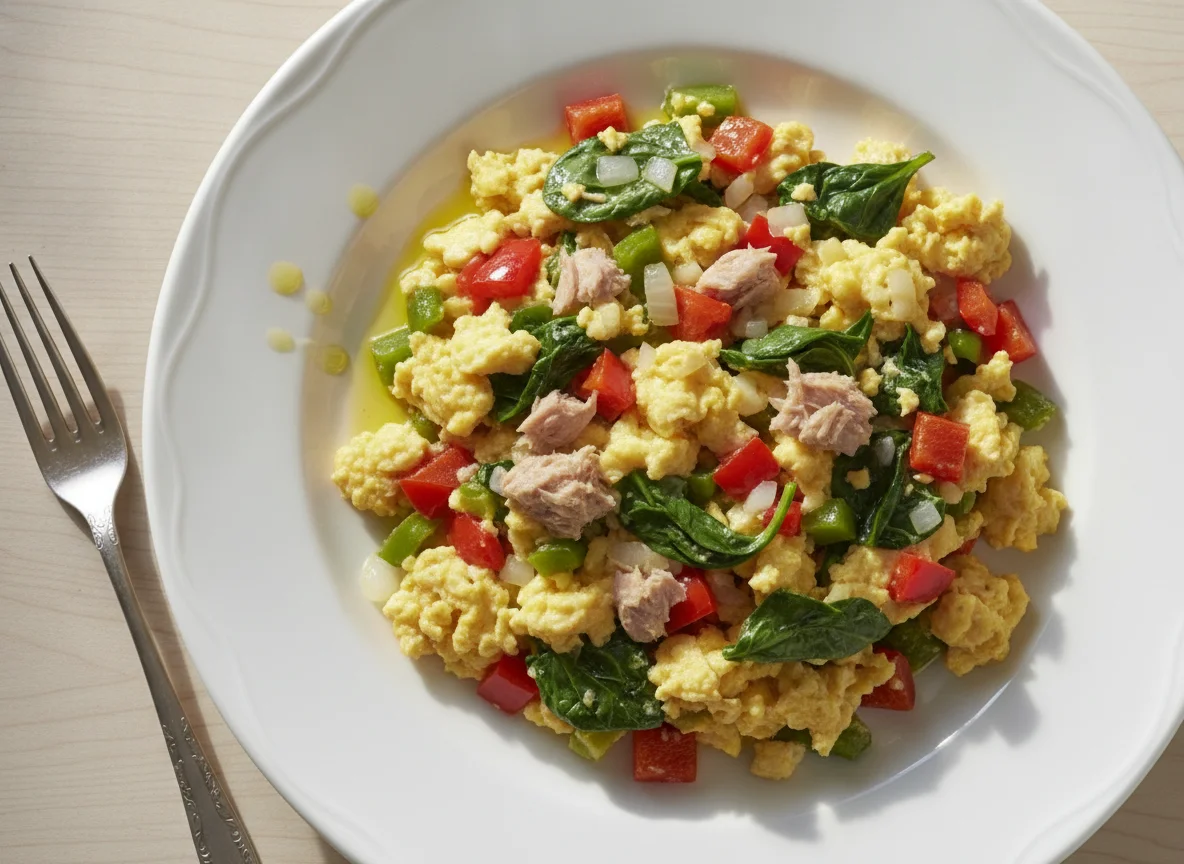 Revuelto de huevos con verduras y atún photo