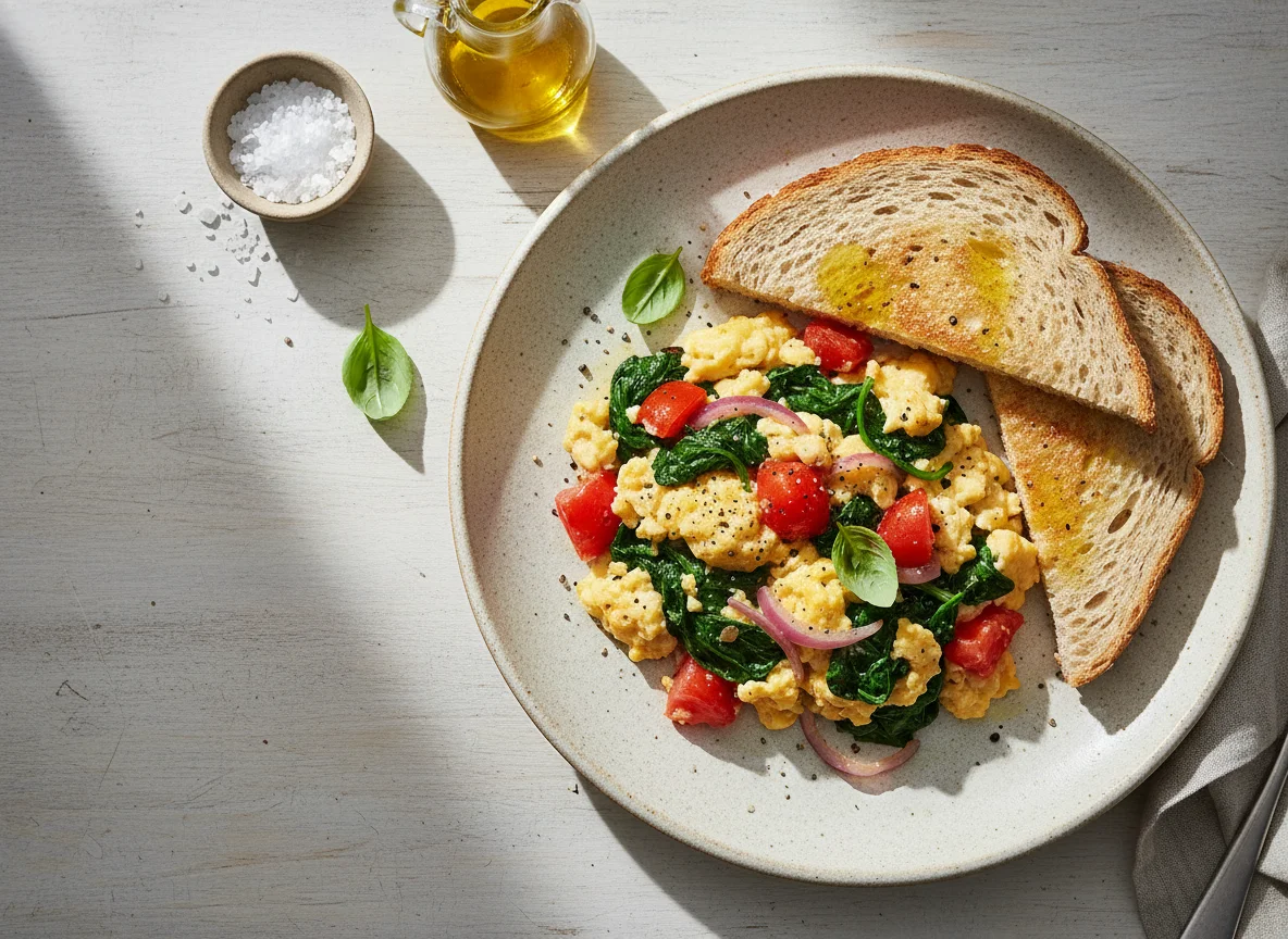 Revuelto de huevos con verduras y pan integral photo