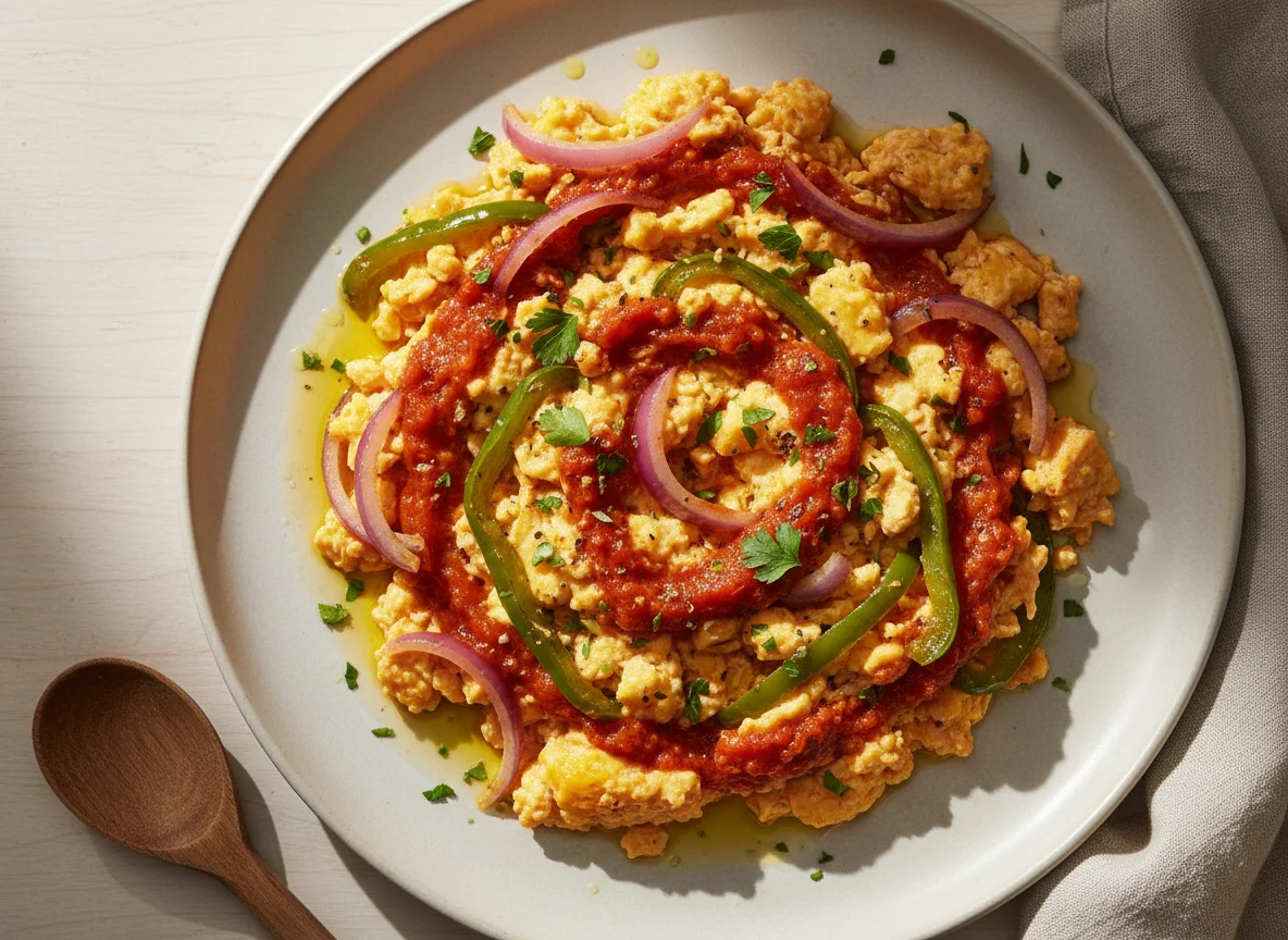 Revuelto de huevos con verduras y salsa photo