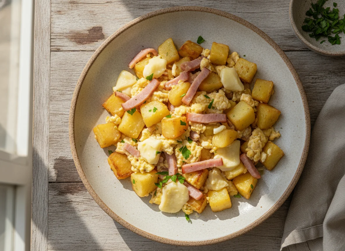 Revuelto de papas con jamón y queso photo