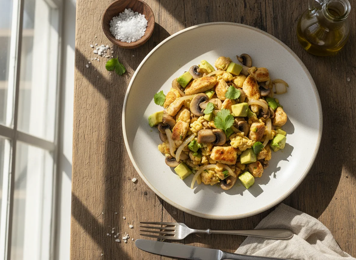 Revuelto de pollo con champiñones y aguacate photo