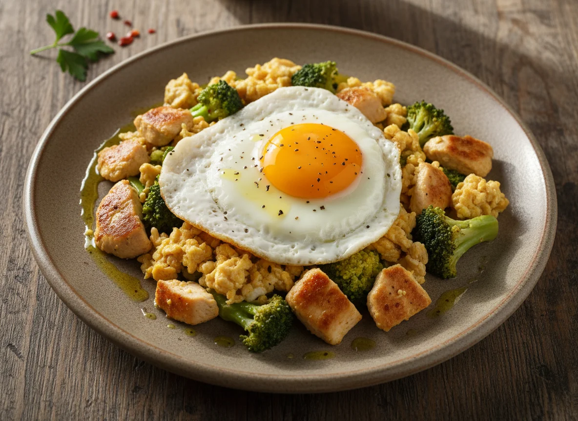 Revuelto de pollo y brócoli con huevo frito photo