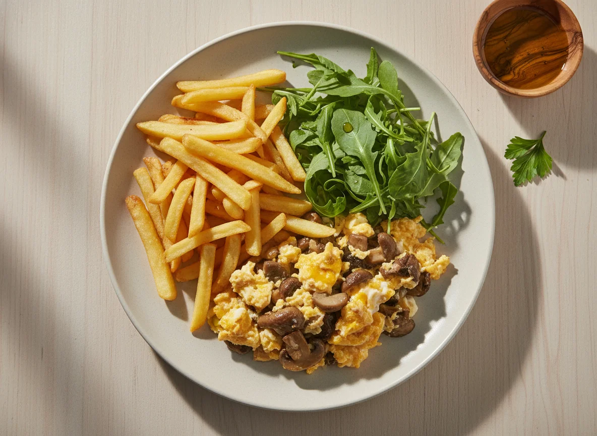 Revuelto de setas con patatas fritas y ensalada photo