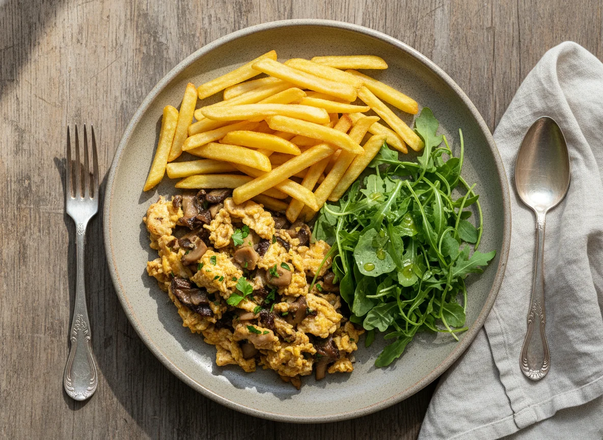 Revuelto de setas con patatas fritas y ensalada de rúcula photo