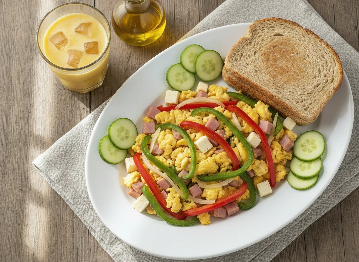 Revuelto de vegetales con jamón, queso, pan integral y jugo de soja photo