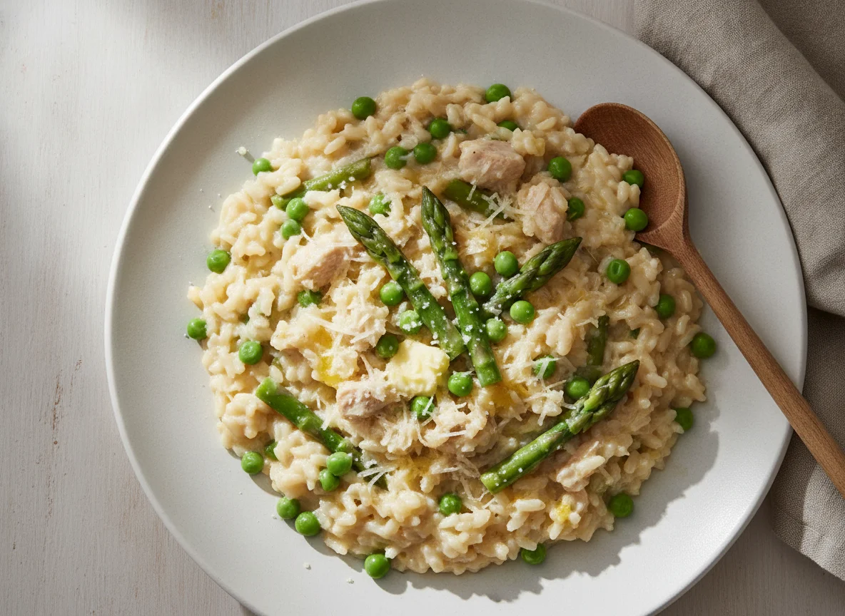 Risotto de pollo con espárragos y guisantes photo