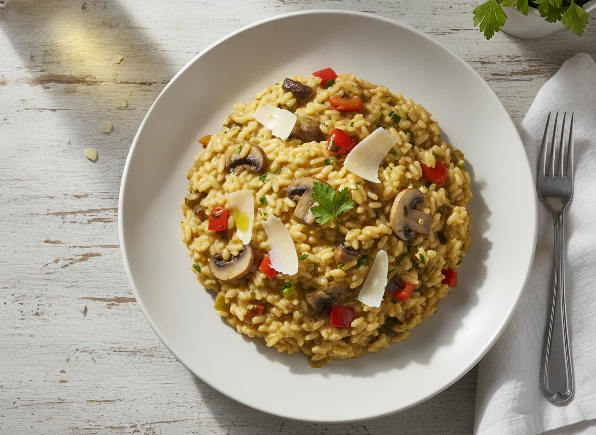 Risotto de setas y verduras con queso photo