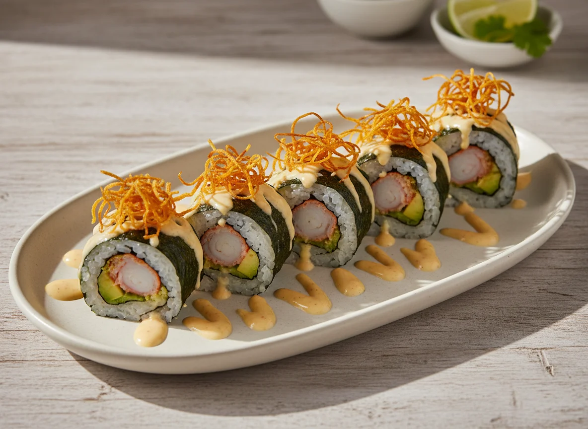 Roll de sushi con camarones, palta y salsa acevichada photo