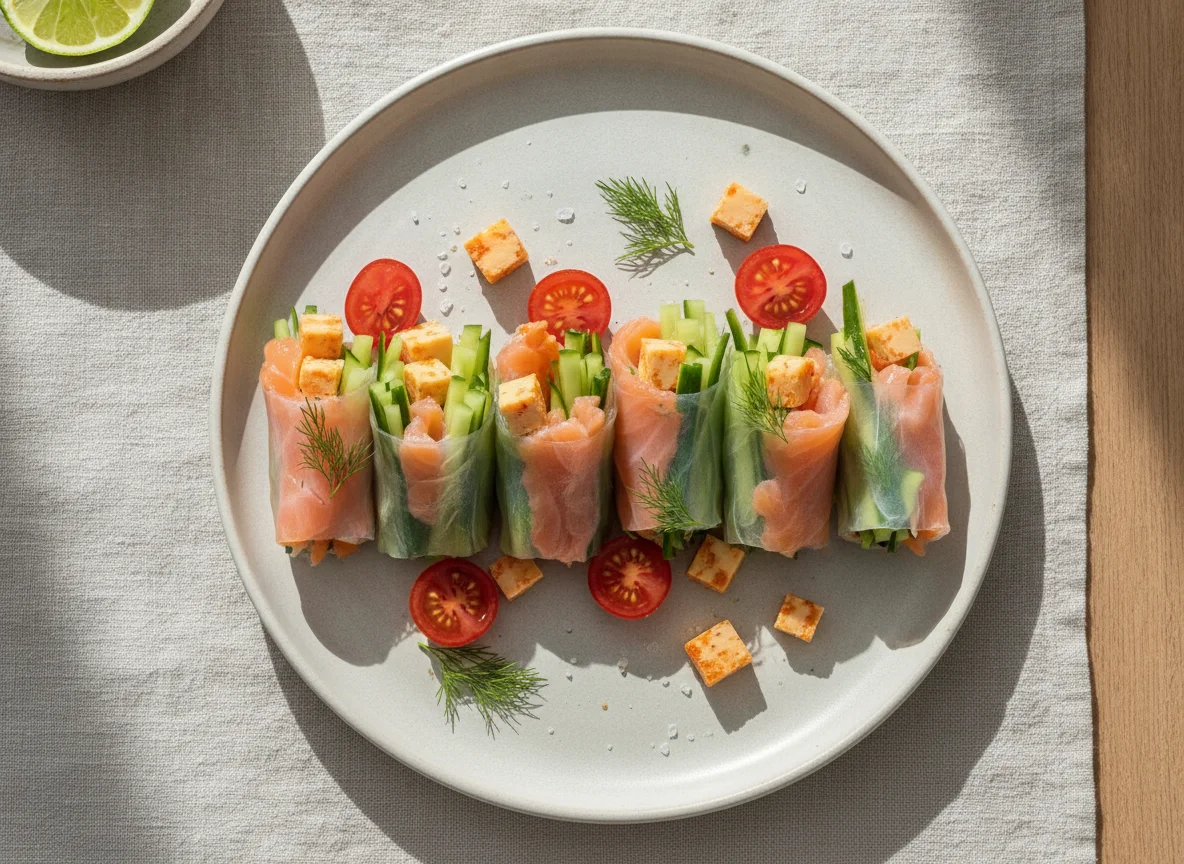 Rollito de papel de arroz con salmón ahumado, pepino y queso photo