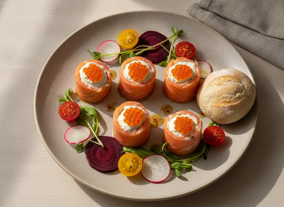 Rollitos de salmón ahumado con huevas y guarnición photo