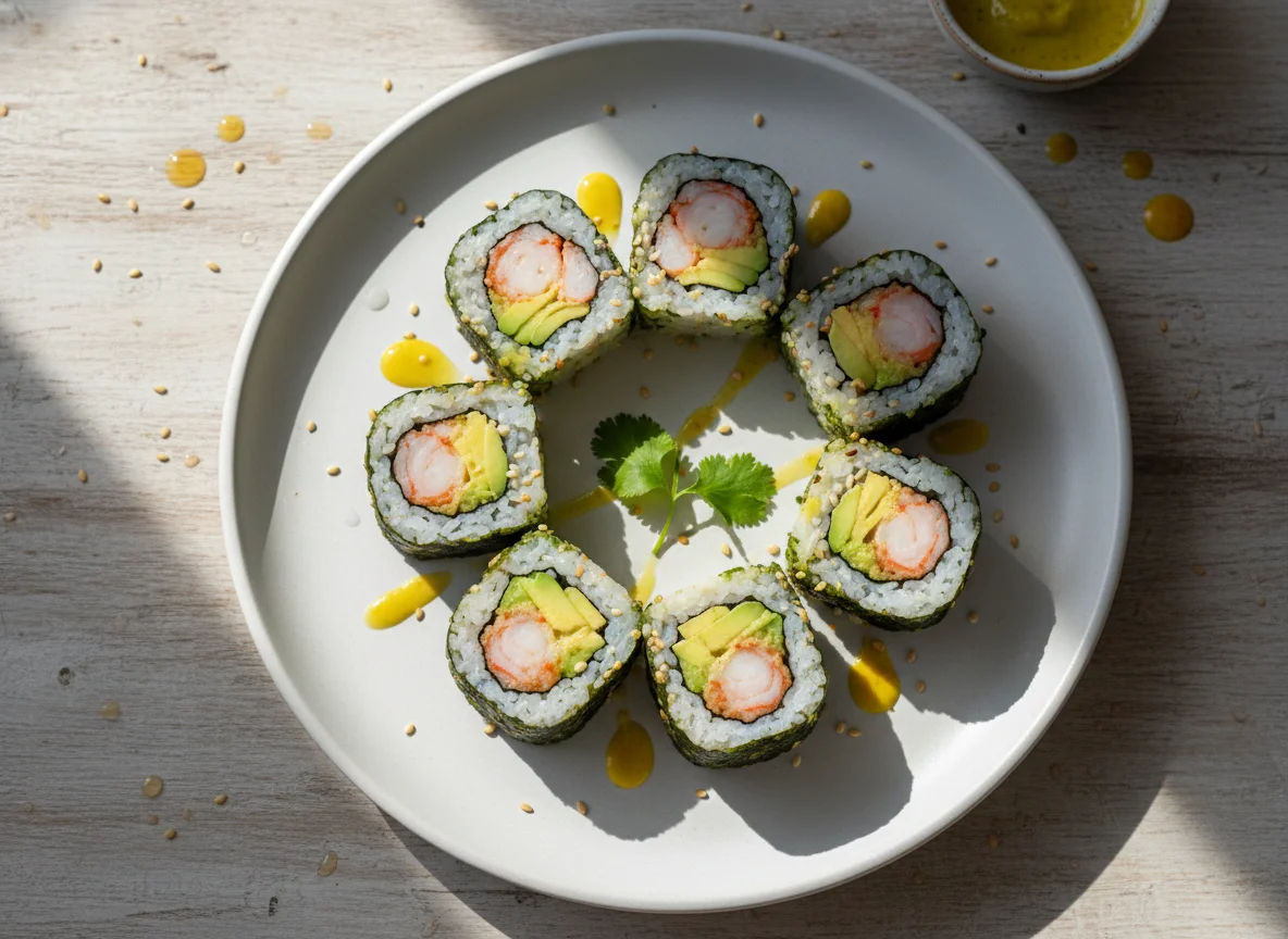 Rollo de sushi con aguacate y camarones photo