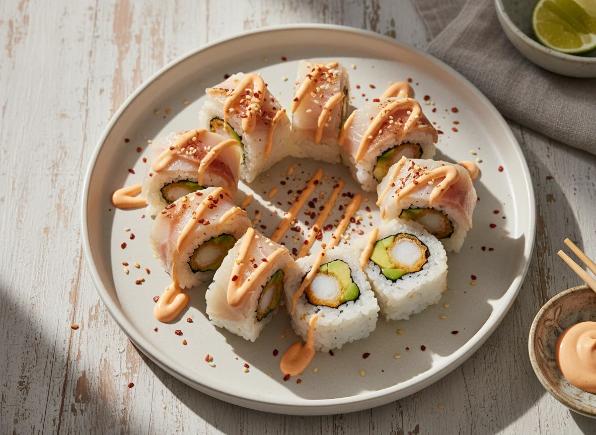Rollo de sushi con camarones tempura y aguacate photo