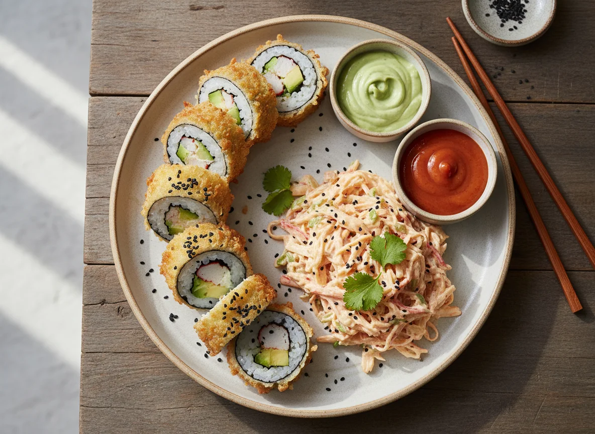 Rollo de sushi frito con ensalada de cangrejo y salsas photo