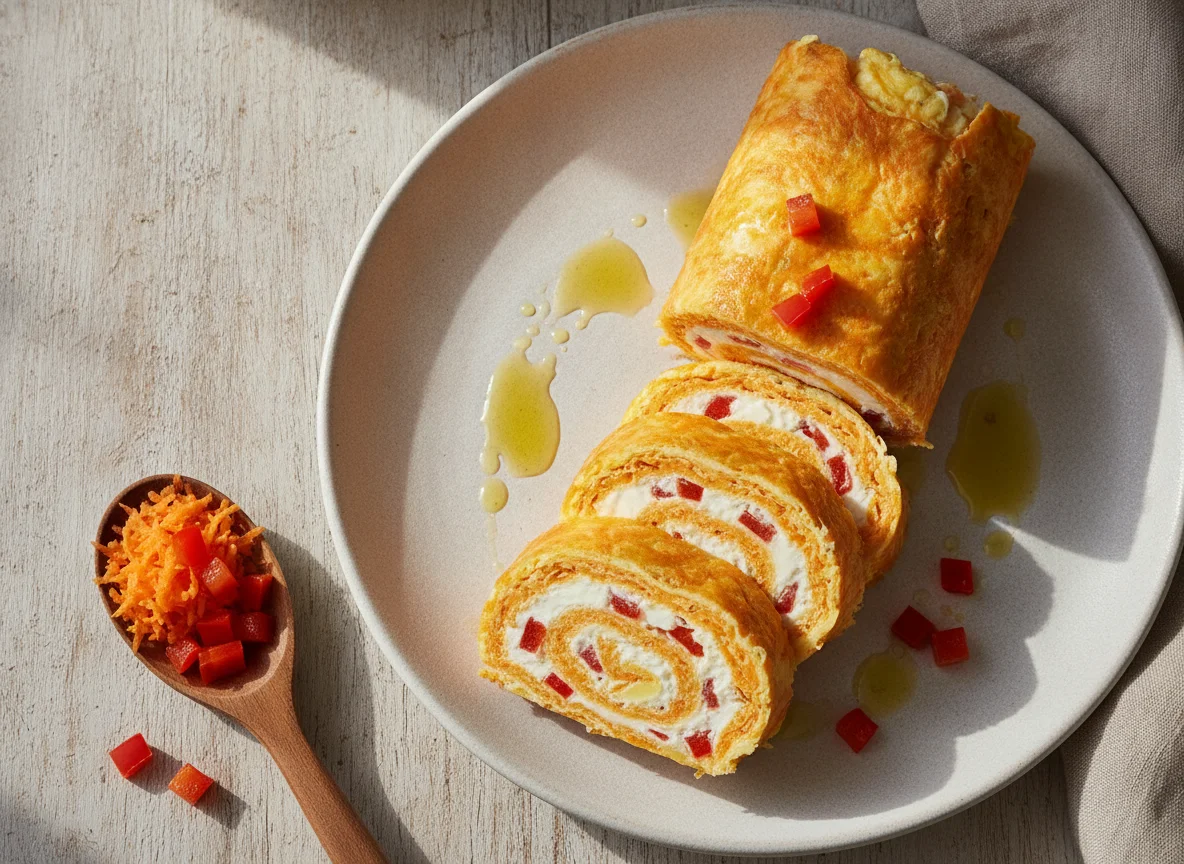 Rollo de zanahoria relleno de queso crema y pimiento photo