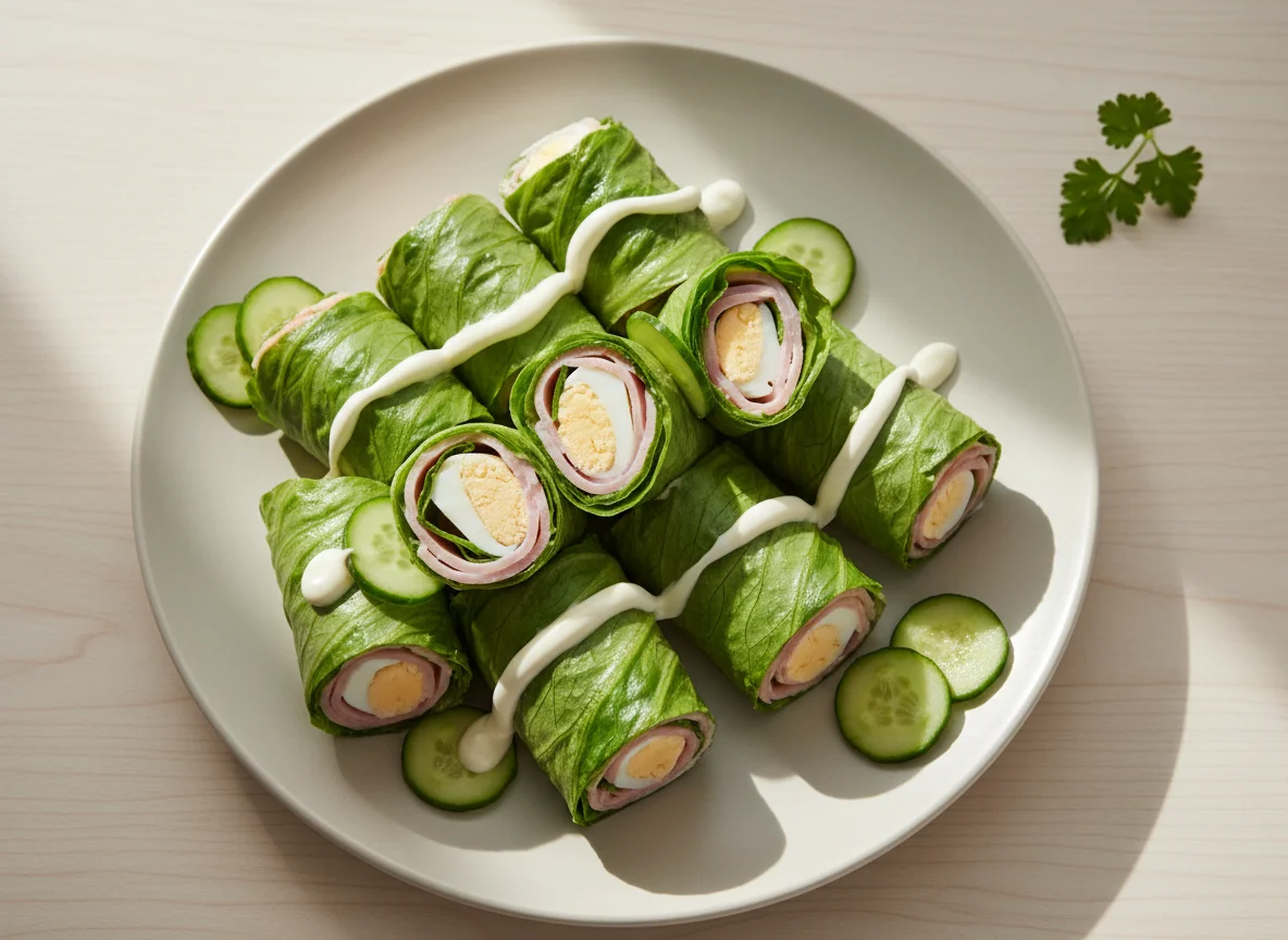 Rollos de lechuga con jamón y huevo photo