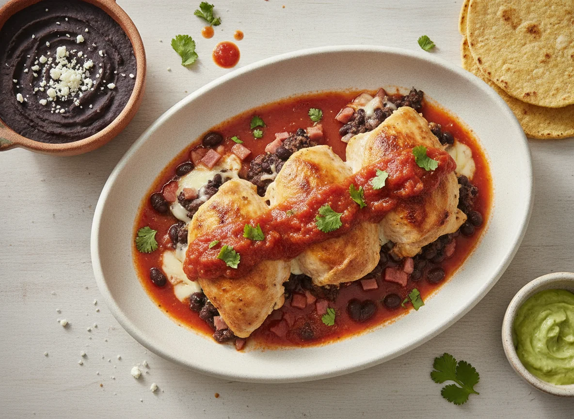Rollos de pechuga de pollo rellenos con frijoles refritos photo