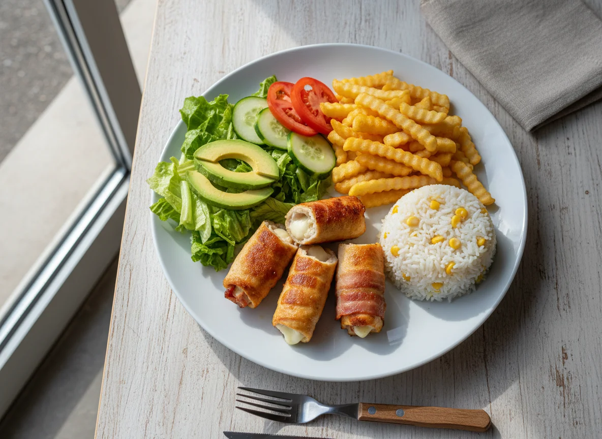 Rollos de pollo con tocino, papas fritas, arroz y ensalada photo