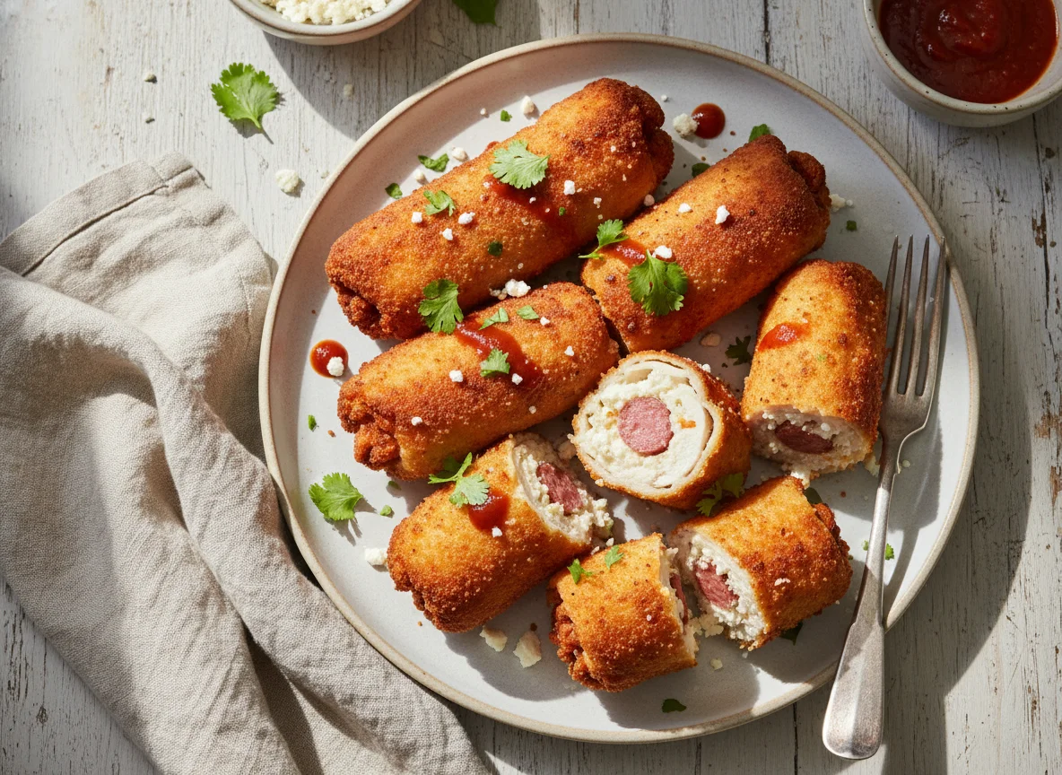 Rollos de pollo empanizados con salchicha, requesón y queso photo