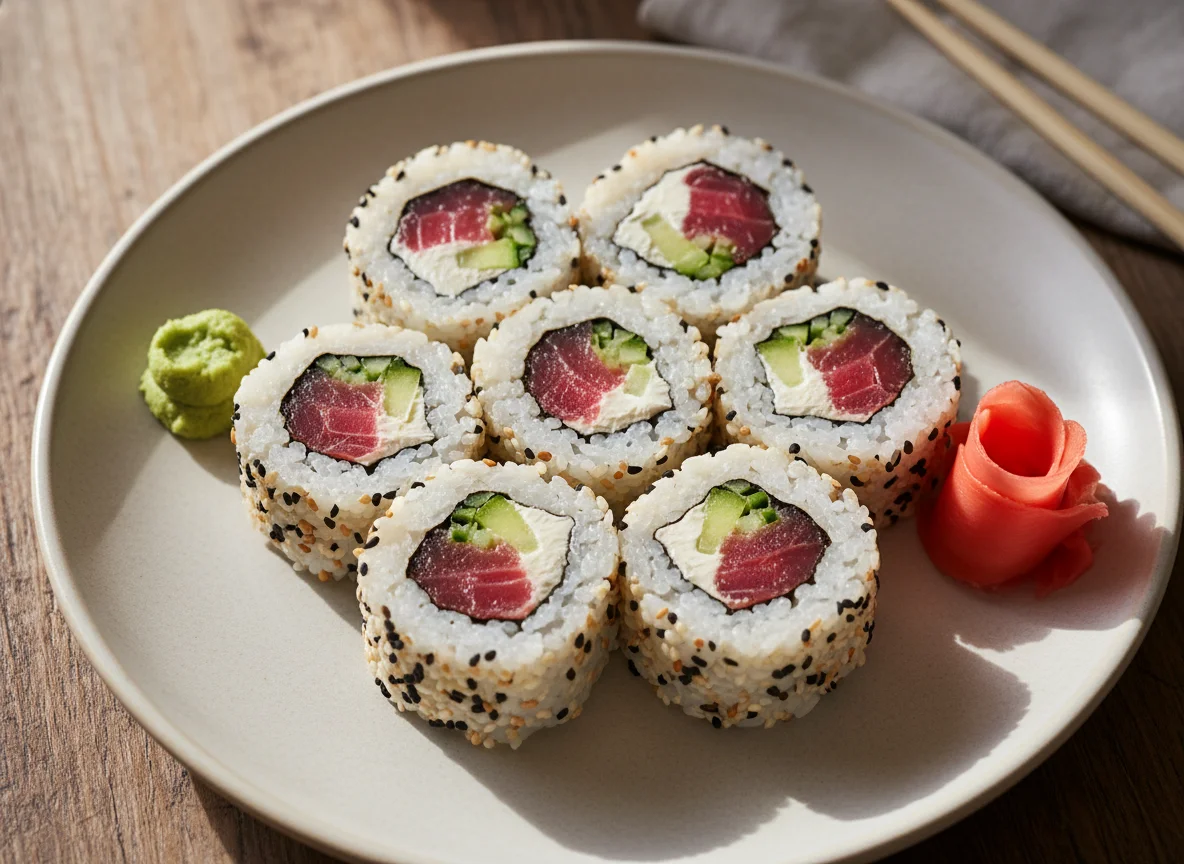 Rollos de sushi con atún y aguacate photo