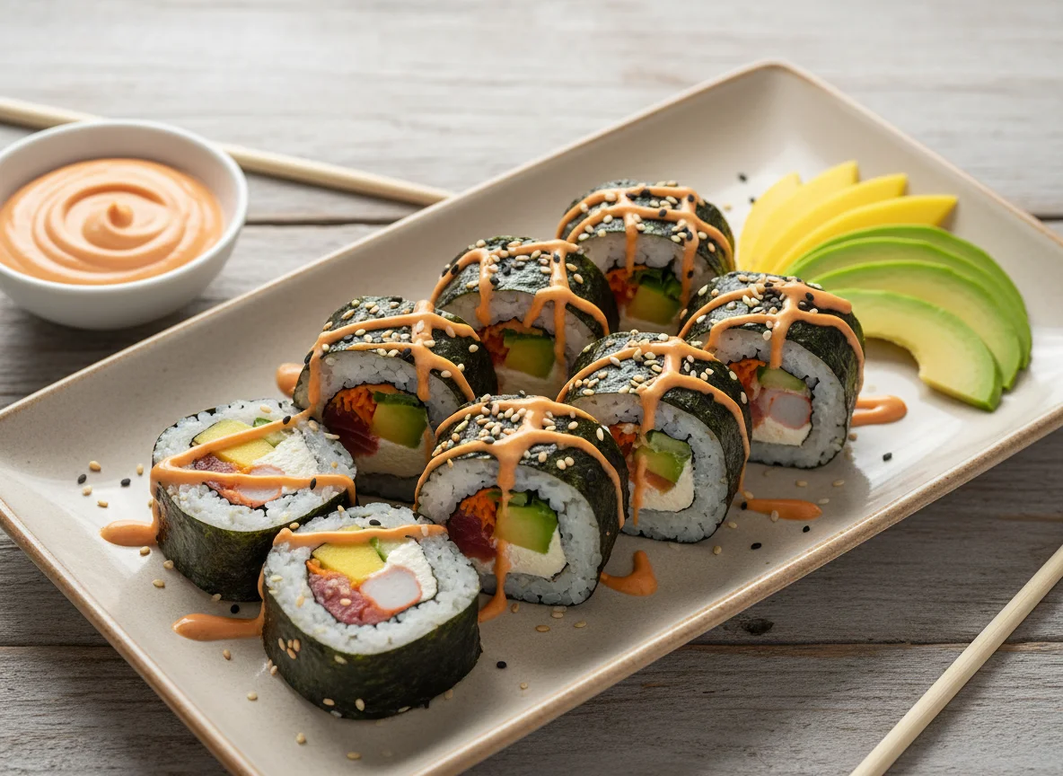 Rollos de sushi con mango y aderezo photo