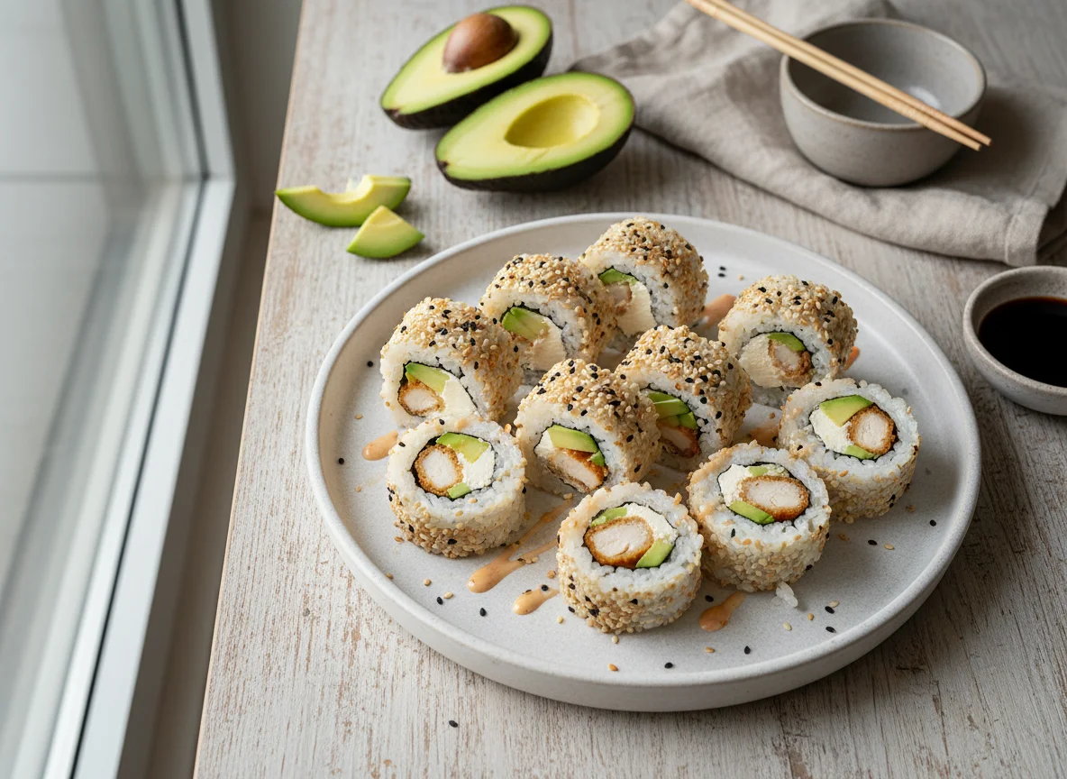Rollos de sushi con pollo apanado y palta photo