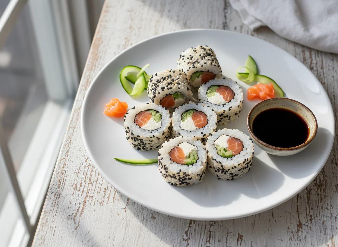 Rollos de sushi con salmón, pepino y queso crema photo