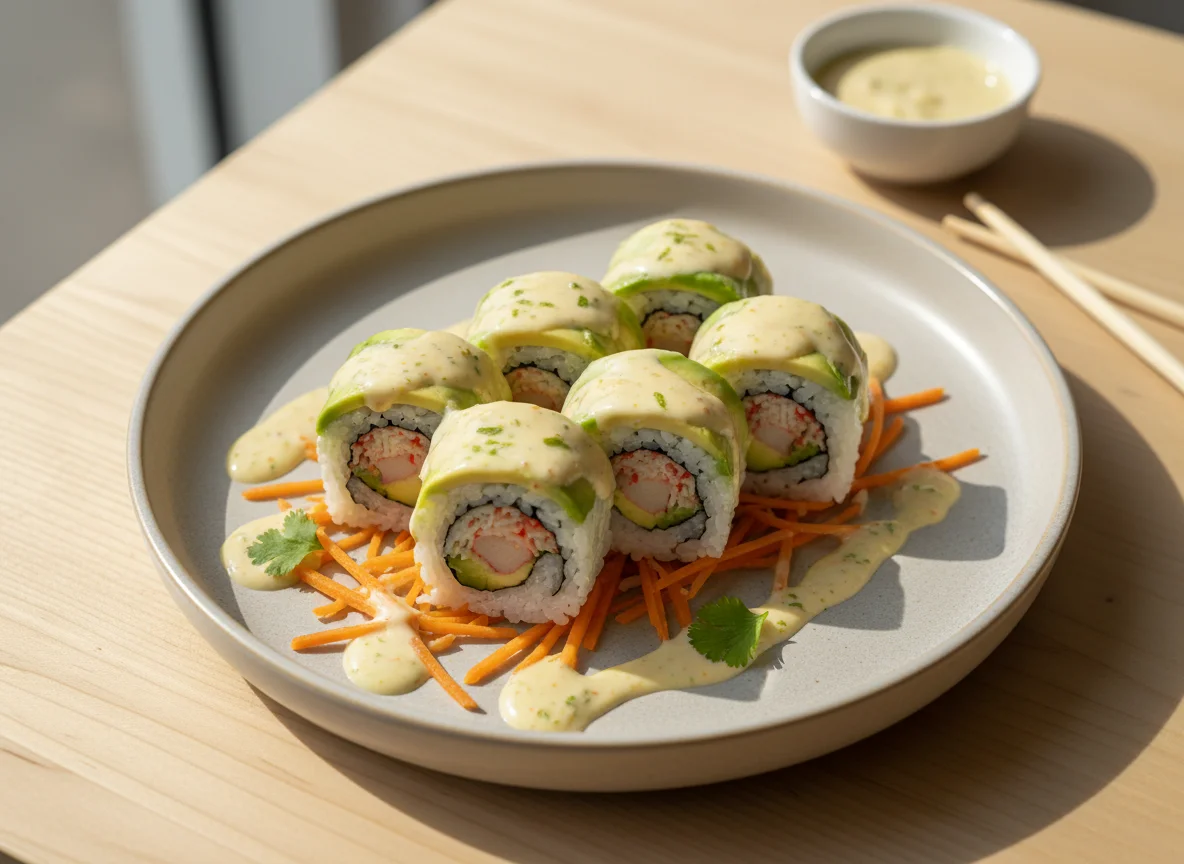 Rollos de sushi con salsa acevichada y zanahoria photo