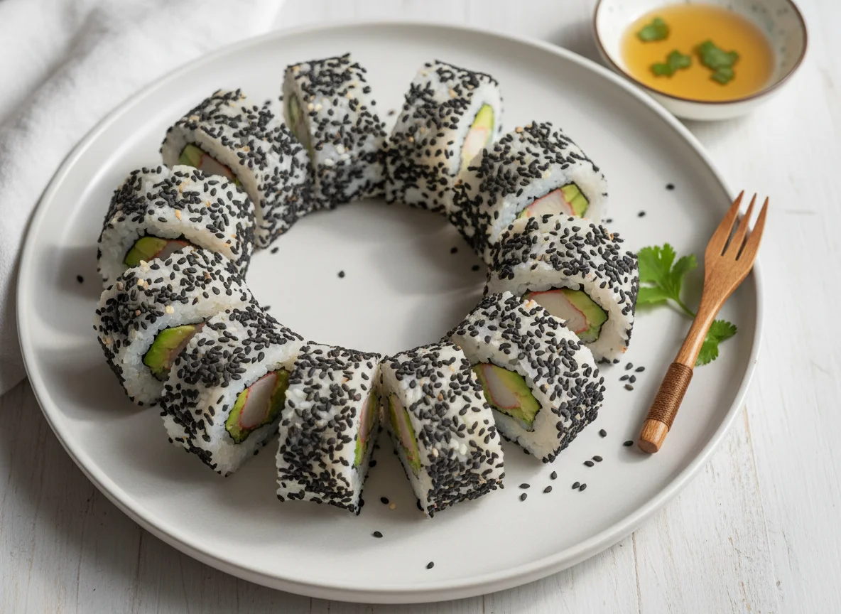 Rollos de sushi con sésamo negro photo